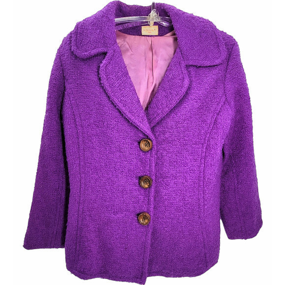 Vintage 70s Clelia Purple Boucle Wood Button Jacket Midi Straight Skirt Set Suit - Picture 5 of 17